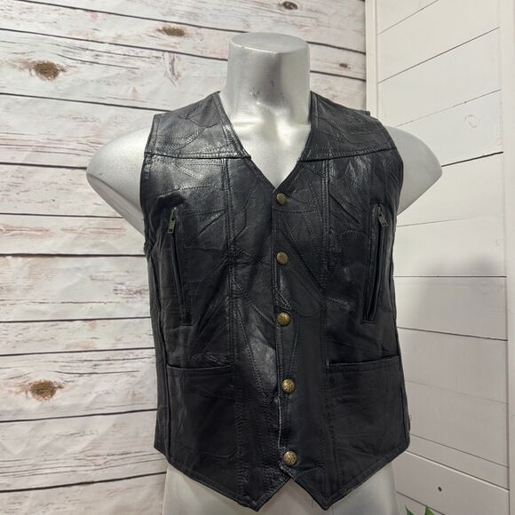 Roberto Amee Black Pigskin Leather Snap Buttons Vest Mens Medium Patchwork Patch - Picture 1 of 10